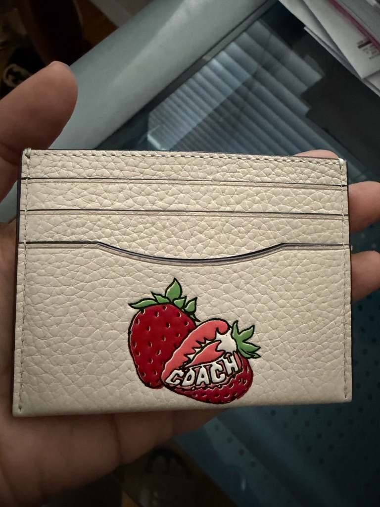 Coach Chalk Multi Pebbled Leather Id Card Case With Strawberry Accent